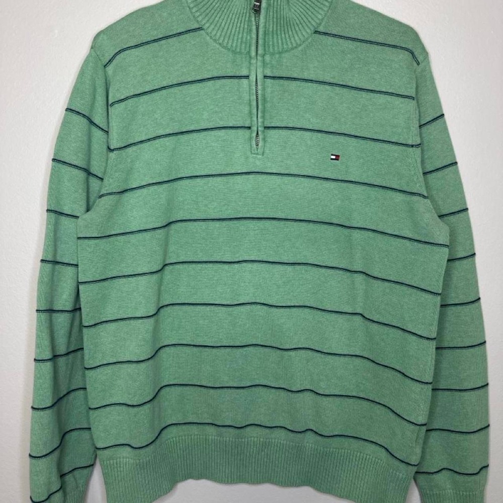 Tommy Hilfiger Mens Green Striped Quarter Zip Sweater Navy Blue Stripe Large